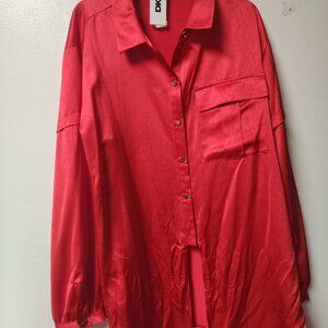 DKNY Red Watermelon Sugar POlyester long sleeve Blouse Large NWT